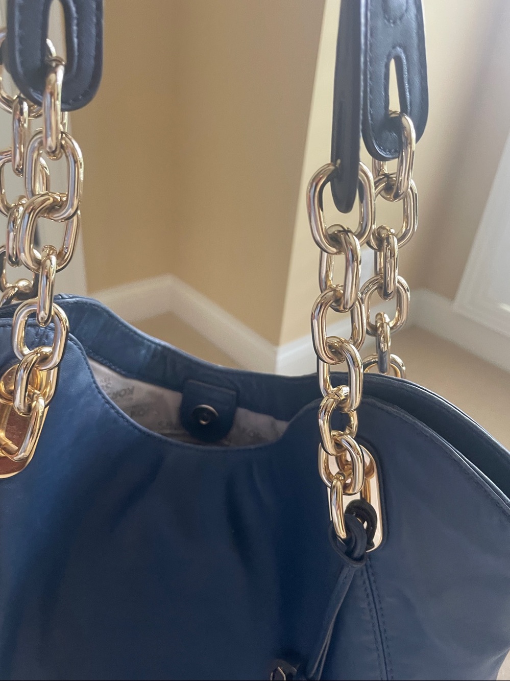 Michael Kors Navy Lambskin Soft Leather Chain-Handle Hobo Bag - Picture 7 of 8